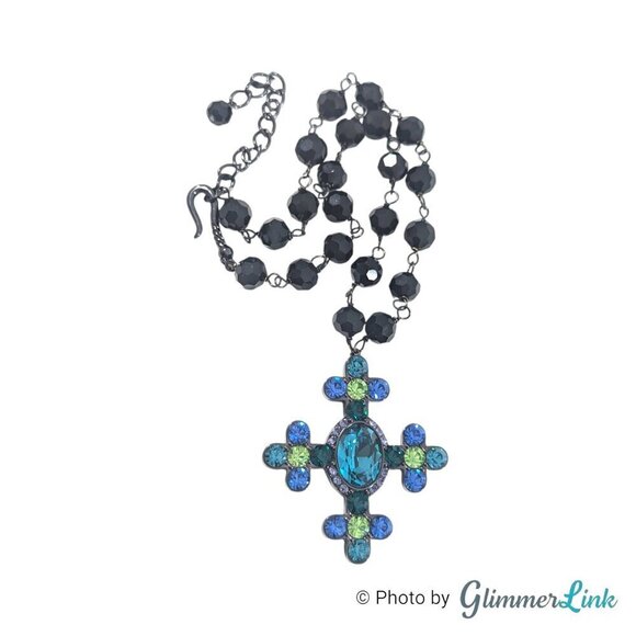 Akkad Blue & Green Sparkling Cross Black Faceted Glass Beads Necklace - Picture 7 of 12